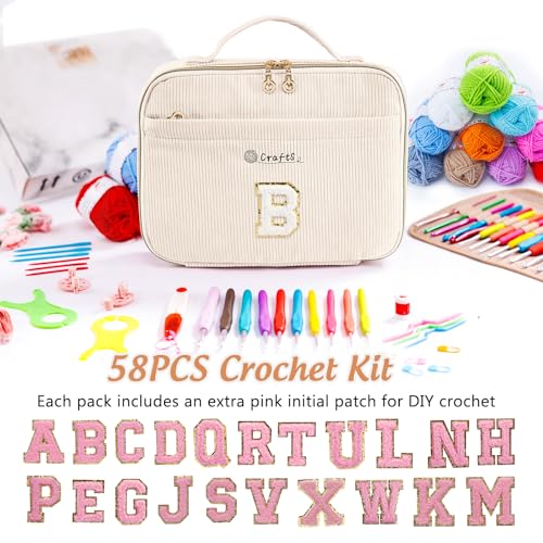 MYBAGZING Initial Crochet Kit for Beginners with Yarn Storage Bag, 10pcs Crochet Hooks 2.0-6.0 mm, 10 Skeins Yarn for Crocheting, Knitting Accessories, 58pc Crochet Starter Kit for Adults - size: B
