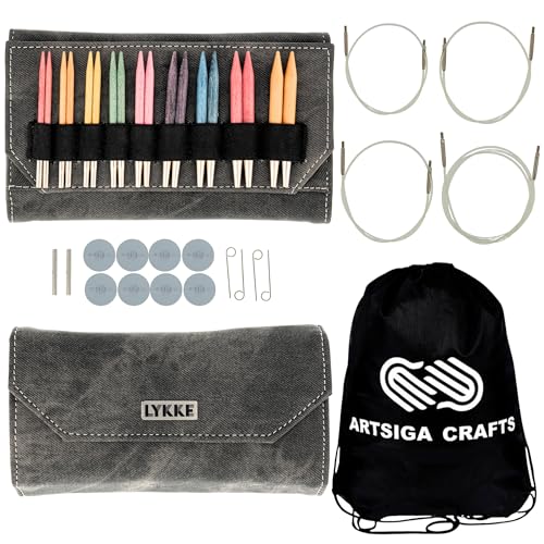Lykke Colour 3.5-inch Interchangeable Circular Knitting Needle Set | Standard US 3, 4, 5, 6, 7, 8, 9, 10, 10.5 Grey Case, Birch Semi-Sharp Tips, Smooth Metal Joins, Swivel Cables, Project Bag - color: Colour-with-Grey-Suede-Case