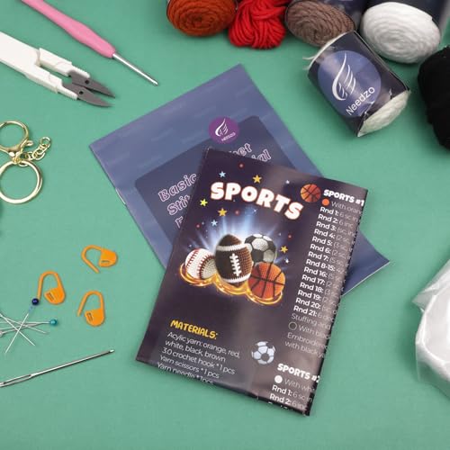 Needzo Sports Ball Keychain Crochet Kit for Beginners, Amigurumi Soccer, Baseball, Basketball, and Football, All Supplies Included, Step-by-Step Video Tutorials
