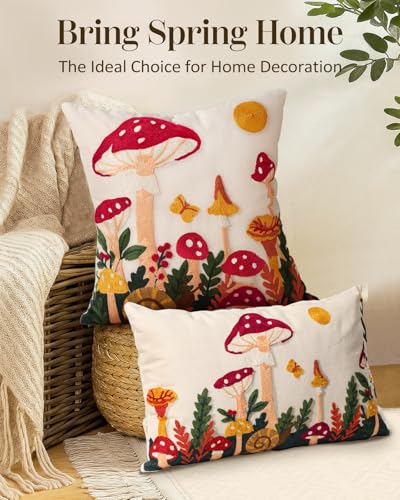 Embroidered Lumbar Pillow Cover 20x12 Inch, Mushroom Moon | Decorative Throw Pillow Cover, Boho Cottagecore Cushion Case with Hidden Zipper, Home Decor for Couch, Sofa, Living Room - color: Mushroom Moon, size: 20" x 12" (Pack of 1)
