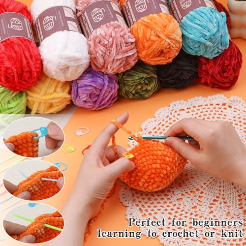 LUNARM Chenille Yarn 3 Pack 3.5oz Chunky Blanket Velvet Yarn 263 Yard | Orange Chunky Chenille Yarn for Beginners Crocheting Hand Knitting Scarves with Big Eye Needles Machine Washable - color: Orange