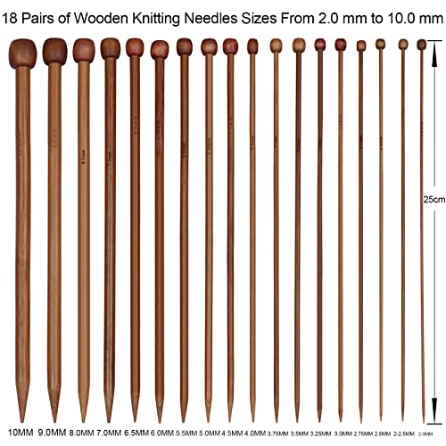 Aeelike 18 Pairs Bamboo Knitting Needles Set, 2mm-8mm Wood Needle, Type A | 10 Inch Wooden Knitting Needles Single Point with Roll Bag, Complete Smooth Needle Set for Socks Sweater Scarves, Ideal Gift - color: Color A, size: 25 cm