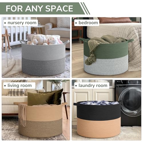 INDRESSME 115L Extra Large Woven Rope Blanket Basket Living Room Green | 23.6" x 15.7" Storage baskets for toys laundry & pillows. Fits living room, bedroom or nursery décor. Soft-touch with handles - color: Green & White, size: 23.6"D x 15.7"H