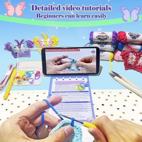 DIBYHIVE Crochet Kit for Beginners,Complete Video Tutorials,3D Butterfly Crochet Kit,Suitable for Adults and Kids,Includes Explanations of Basic Crochet Stitches - color: 001