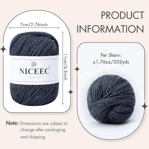 NICEEC 3 Skeins Soft Merino Wool Yarn- Navy Blue | Soft & Warm, Finger Weight, Woolen Yarn for Crochet & Knitting, Total 5.3oz/606yds - color: Navy Blue