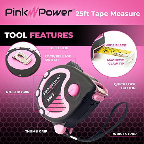 Pink Power 25ft Pink Tape Measure for Women's Tool Kit | Measuring Tape With Retractable Blade and Lock Button, Girls Measuring Kit, Lightweight Measurement, Pink 25 ft. - color: Pink, size: 25 ft