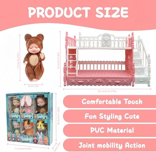 SwankyStyle 6 Pcs Mini Baby Dolls 4 Inch Gift Set, Cute Small Baby Doll Toys with Animal Clothes for Christmas Stockings, or Dollhouse Collections. (Style D) - style: Style D