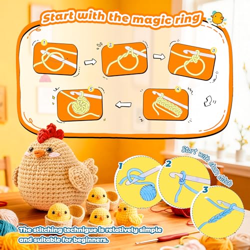Joyclub Crochet Kit for Beginners 4 Chicken Family with Video for Adults | Amigurumi crochet with video guidance support first projects crochet Starter; a playful DIY gift for adult kitting learners - color: Crochet Chicken