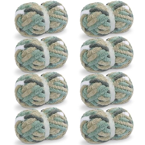 Maboozo Tie Dye Chunky Yarn 8 Pack, Grey, Green, White Fluffy Jumbo Chenille, Soft Plush Bulky, Giant Thick Fuzzy Yarn for Crocheting, Hand Knitting or Arm Knitting (26 yds, 7.5 oz Each) - color: Grey,Green,White,Khaki