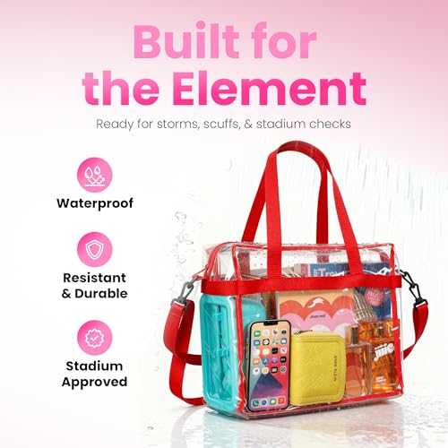 Handy Laundry Clear Bag 12x6x12 Stadium Approved Tote, Zipper Strap | PVC Clear Stadium Tote, Zipper Top, Shoulder Straps, 12x6x12 Meets Tournament Guidelines, for Concerts Work Sports - color: Red
