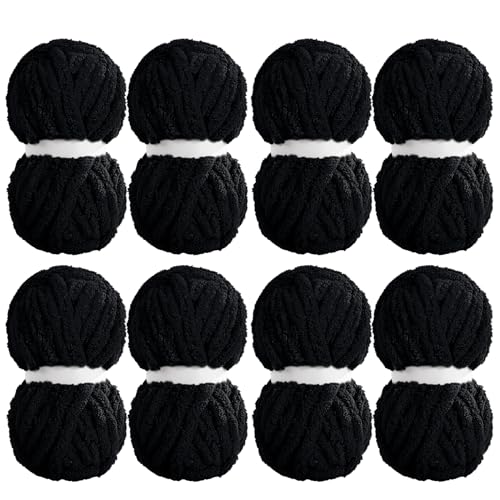 MABOZOO 8 Pack Super Bulky Chunky Chenille Yarn for Hand Knitting,Big Yarn for Chunky Blanket,Large Thick Arm Knitting Yarn,Fluffy Soft Plush Jumbo Yarn Crocheting,Black - color: Black