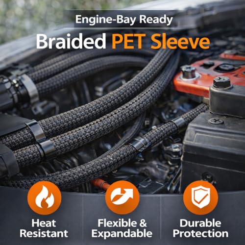 100ft Expandable Non-Split PET Braided Cable Sleeve, High-Temperature Black Loom for Automotive Harness and Chew-Resistant Home Office Wire Management (1/2") - size: 1/2" - 100ft