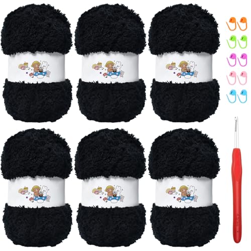 6 PCS Soft Coral Velvet Chenille Yarn for Crocheting,Fluffy Yarn for Knitting and Crochet DIY Craft,Warm Crochet for Bag Hat Scarve Gloves Slippers Dolls(Black) - color: black