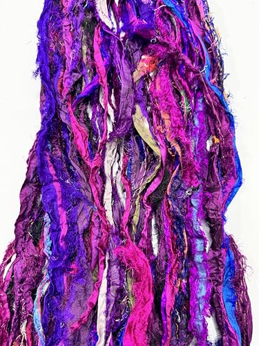 Maker's Craft Recycled Fuzzy Fringes Sari Silk Ribbon Yarn 35yards, 100Grams for DIY Knitting Crocheting Gift Wrapping, Christmas Decoration, Macrame Makers, Jewelry Making, Rugs Hooking (Purple) - color: Purple
