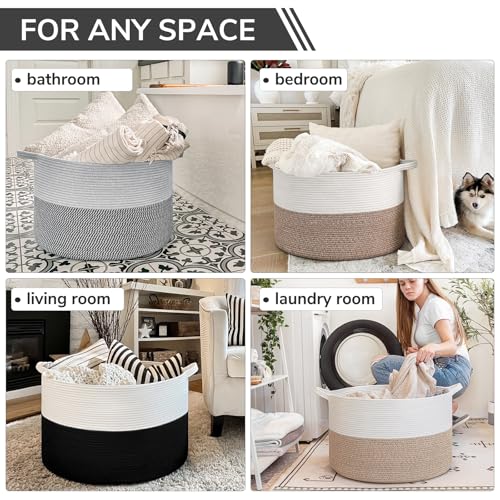 INDRESSME XXXLarge Woven Rope Blanket Basket Living Room White Black, 90L | 21.7" x 13.8" Storage baskets for toys laundry & pillows. Fits living room, bedroom or nursery décor. Soft-touch with handles - color: White & Black, size: 21.7"D x 13.8"H