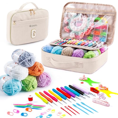 MYBAGZING Initial Crochet Kit for Beginners with Yarn Storage Bag, 10pcs Crochet Hooks 2.0-6.0 mm, 10 Skeins Yarn for Crocheting, Knitting Accessories, 58pc Crochet Starter Kit for Adults - size: G