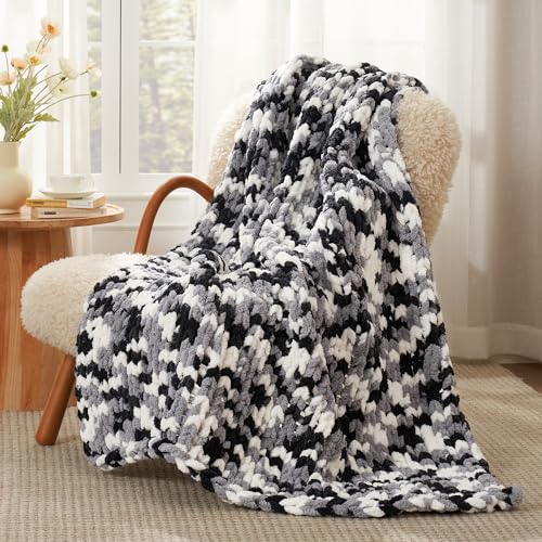 Chenille Chunky Knit Throw Blanket for Couch 50"x60", Space-Dyed Black | Handmade Chenille Crochet Throw for Sofa Bed, Thick Cable Knitted Blankets for Room Home Decor, Birthday Gift for Women - color: Black&white, size: 50"x60"