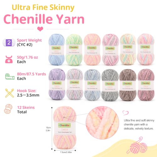 Coopay Skinny Chenille Yarn, 12 Colors Gradient Velvet Yarn for Crocheting | Sport Weight Yarn - 1.76oz/87m Each (#2), Ultra Fine Soft Crochet Yarn for Blankets, Scarves, Plushies & Handmade Projects ﻿ - color: 12 Color Gradient Tones, size: #2 Thin