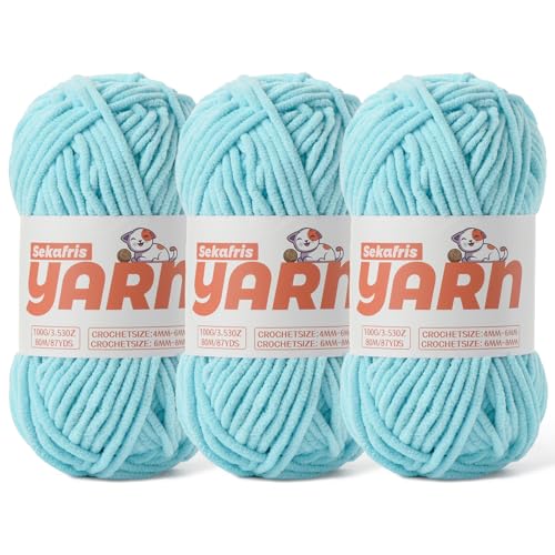 3 Pack Azure Chunky Chenille Yarn for Crocheting, Baby Yarn for Crocheting Soft Blanket/Amigurumi, 300g (262yds) Super Bulky Fluffy Velvet Knitting/Crochet Yarn - color: 3 Azure