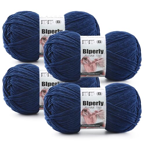 Skinny Chenille Yarn for Crocheting, #2 Blue Soft Baby Blanket Fluffy Yarn | 4 Pack of 314 Yds, 3.5 Oz Sport Fingering Weight Fine Yarn, Plush Thin Velvet Yarn for knitting Blankets, Amigurumi Yarns - color: Navy Blue