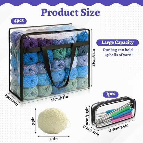 KongTiva 4 Pack 18" x 15" x 9" Large Yarn Storage Bags Set with Crochet Bag | Clear Yarn Storage Organizer with Zippers and Handles, Crochet Bag Knitting Bag for Knitting Needles Crochet Hooks