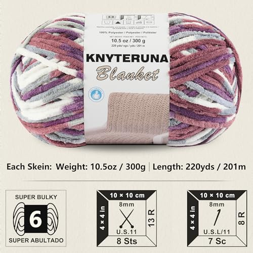 #6 Super Bulky Blanket Yarn for Crocheting - 4 Skeins(Each 10.5oz/300g, 220yds/201m), Chunky Chenille Thick Plush Big Soft Yarn for Crocheting Knitting Blankets, Purple & Mauve & Grey - color: Tie Dye Purple & Mauve & Grey