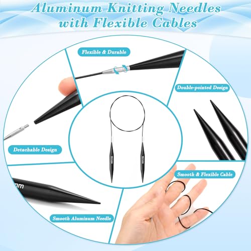 13 Pairs Interchangeable Knitting Needles Set with 4 Flexible Cables | Portable Circular Knitting Needles, 3-10 mm Smooth Aluminum Knitting Needle Kit for Beginner Projects Travel Home Knitting - color: Black