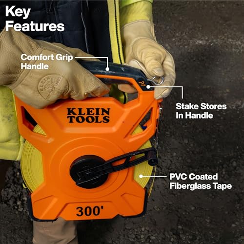 Klein Tools 94300RT 300-Foot Open Reel Tape Measure, PVC-Coated Fiberglass Tape with Carabiner and Hook, 3:1 Planetary Gear System, Metal Stake, Double-Sided Measurements - size: 300-Foot