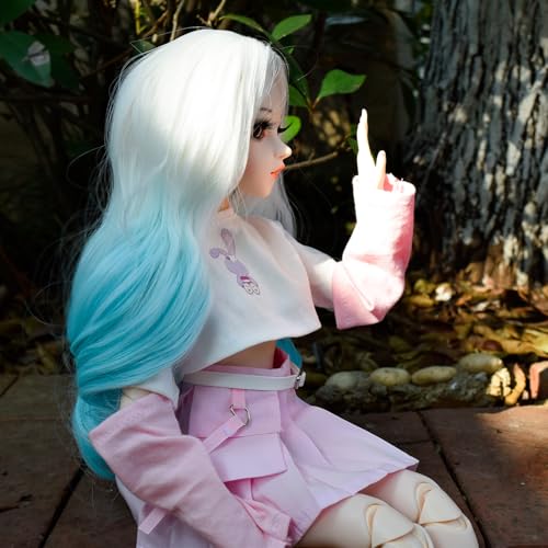 1/3 BJD Doll, 22 Movable Joints Full Set Doll with Long Curly White-Blue Gradient Hair, Pink Outfit & Shoes, Collectible Fashion Ball Jointed Doll for Girls Gift