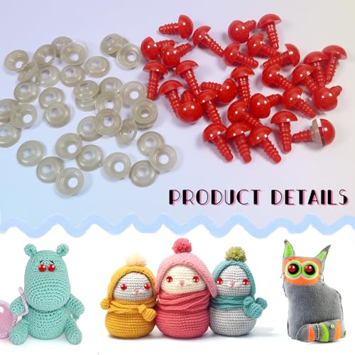 TOAOB 50pcs 10mm Small Safety Eyes for Amigurumis Plastic Crochet Red Eye | Crafts Doll Safety Eyes with Washers, for DIY Crocheting Small Animals Doll, Making Supplies - size: 10mm
