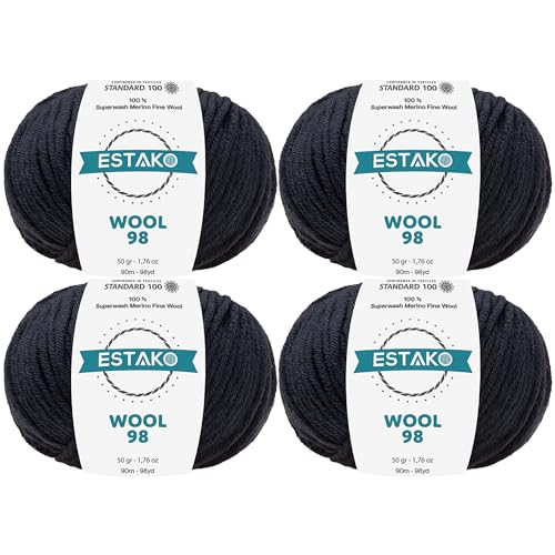 Estako Wool 98 100% Superwash Merino Wool Worsted Yarn, Dark Navy 4-Pack | 7.04 oz, 392 yds, cyc 4 medium, aran, machine washable, 5 mm needles, 6 mm hook, 20 sts gauge, crocheting, sweaters - color: 6389 - Dark Navy, size: 4 Skeins