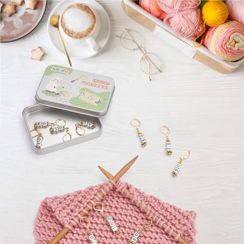NBEADS 10 Pcs Number 10-100 Acrylic Beads Stitch Markers, Square Number Bead Crochet Knitting Stitch Marker with Leverback Loop Locking, Golden