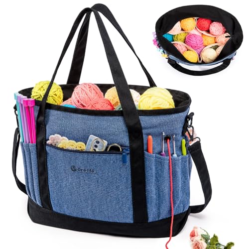 Canvas Yarn Storage Organizer Bag Washable Crochet Bag with Pockets for Yarn, Hooks, Needles – Travel Knitting Tote for Crafters – Gift for Crocheters & Knitters (Medium/Large) - color: Denim, size: Large-15”