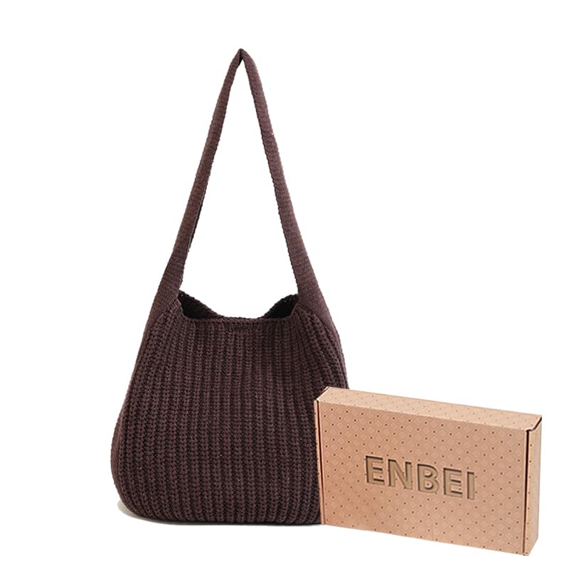 ENBEI Women's Crochet Tote Bag Aesthetic knit Shoulder bag beach tote - color: Brown