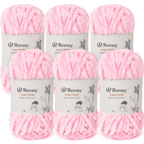 Velvet Chenille Yarn Bulky Yarn for Crocheting, 6 Pack (Pink) | Each Big Skein 100g/3.5oz, Total 525Yards, #5 Fluffy Chunky Yarn, 100% Polyester, for Blankets, Scarves & Crafts - color: Pink