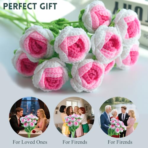 10PCS White-Pink Gradient Crochet Roses, Crochet Flowers | 16.1in x 2.36in; wool yarn bloom + thin iron-wire stem; 100% hand crochet; vase filler, DIY wreath, bouquet, home decor, gift - color: Gradient Pink