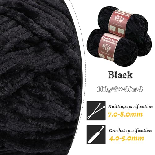 LUNARM Chenille Yarn 3 Pack 3.5oz Chunky Blanket Velvet Yarn 263 Yard | Black Chunky Chenille Yarn for Beginners Crocheting Hand Knitting Scarves with Big Eye Needles Machine Washable - color: Black
