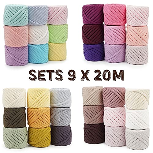 Bobilon 7-9 mm Cotton Yarn Set - 9 Balls, Knitting, Macrame - American Set | 9 balls of 100% cotton t shirt yarn, 196 yds total, 7-9 mm; matching colors for crochet, knitting and macrame - color: American 1