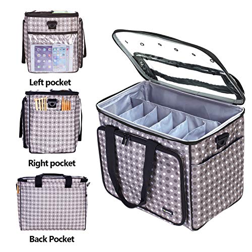 Teamoy Knitting Bag, Yarn Storage Organizer Crochet Bag Tote, Gray Dots | Yarn Holder with Inner Divider(Sewn to Bottom) for Crochet Hook, Knitting Needles(Up to 14"), Project and Crocheting Supplies - color: Gray Dots
