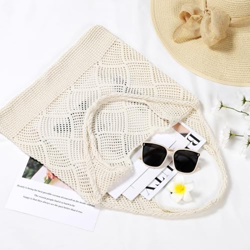 WantGor Crochet Bags, Beach Mesh Tote Bag Womens Shoulder Shopping Handbag | Casual Travel Totes Bag Foldable Hobo Bags - color: Beige Apricot