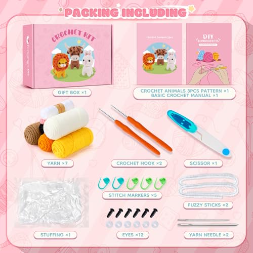 Fortuning's JDS Crochet Kit for Beginners, Amigurumi Crochet Animal Kits, Crocheting Kit for Starters Adult with Step-by-Step Video Tutorials, Animal Kits with Highland Cow, Lion, Bunny - color: Brown Orange white