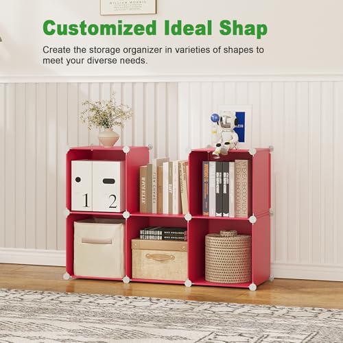 C&AHOME 6-Cube Storage Organizer Cube Shelf Closet Storage Bookcase, Red | Stackable Cubby Storage, Bookshelf, Portable Plastic Storage Closet Organizer, DIY Modular Shelving Units for Home, Wardrobe - color: Red
