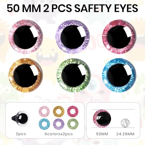 MUCUNNIA 2pcs 50mm 3D Glitter Plastic Safety Eyes for Amigurumi Trapezoid Craft Crochet Doll Eyes with Washers Stuffed Animal Eyes for DIY of Puppet, Bear Animal Halloween Decorations(6 Colors) - size: 50mm
