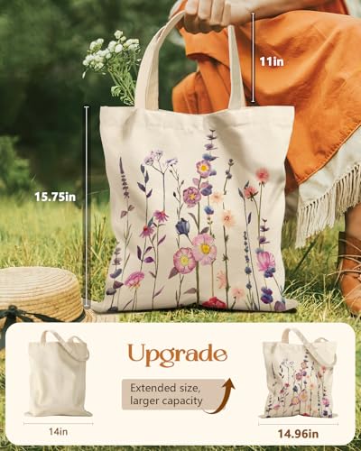 Miss Adola Aesthetic Tote Bag for Girls - with Magnetic Buckle and Zipper Inner Pocket for Women Lady Canvas Cotton Tote Bag - color: Purple Flower