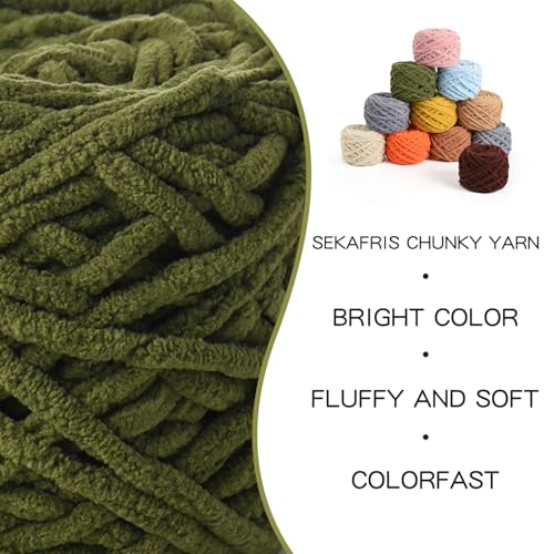 3 Pack Fluffy Chenille Chunky Yarn for Crocheting 100g(65.6yd) - Baby Yarn for Crocheting Soft - Velvet Yarns for Crochet Blanket - Amigurumi Crochet Yarns (Army Green) - color: 3 Army Green