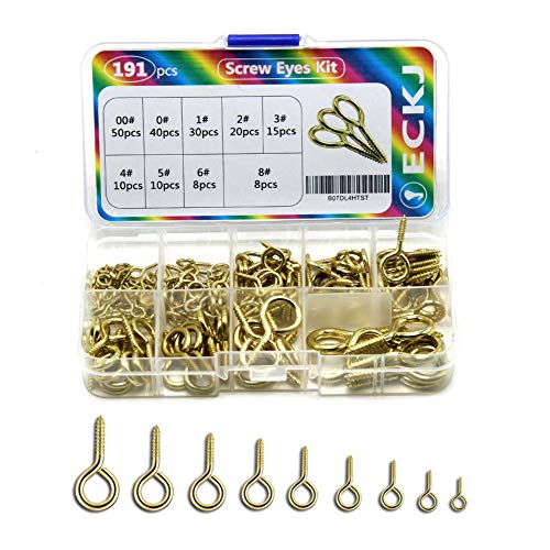 191pcs Screw Eyes Brass Plated Metal Eye Shape Screw Self Tapping Screws Includes 9 Sizes Color Gold - color: Gold, size: 191PCS