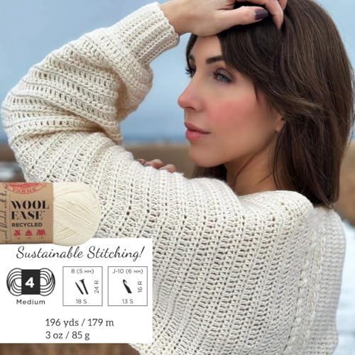Lion Brand Yarn, Wool-Ease Recycled Crochet Yarn, Cream, Off White, 3 Pack | Recycled Worsted Weight Wool Acrylic Blend Knit & Crochet Fiber for Warm Blankets, Cozy Sweaters, Fall & Winter Hats - color: Cream, size: 3 Pack