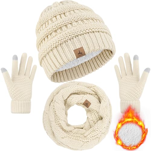 LOROME Winter Beanie Hat Scarf Gloves, Warm Fleece Knit Neck Scarf Set Gift | Hats Gloves Scarf Set, Touchscreen Gloves, Universal Size Neck Scarf Set Winter Gifts for Unisex Adult Winter Wear - color: Beige