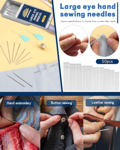50 Pcs Large Eye Sewing Needles, 7 Size Embroidery Needles for Handsewing | Leather Sewing Thread Sharp Needle, Stainless Steel Yarn Knitting Needle with Threader, Thimble for Repair, Quilting - size: 7 Size-50pcs