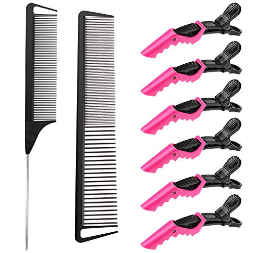 Patelai Hair Comb Set, 8 Pieces Rat Tail Combs, Teasing Combs, and Hand-held Alligator Clips, Carbon Fiber & Metal, for Hair Stylist, Braiding, Hair Women Girls, Daily Use
